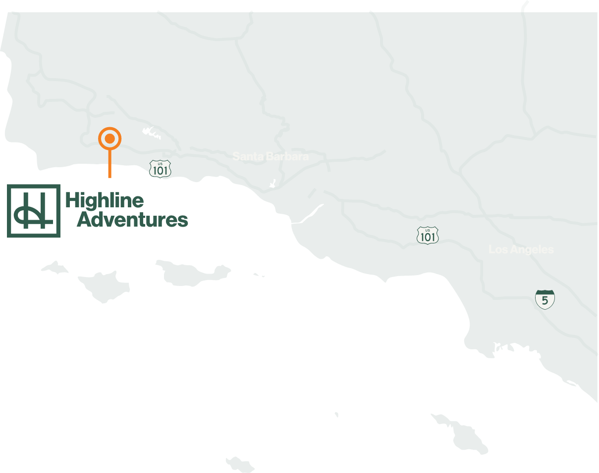 Map showing Highline Adventures in Buellton on Highway 246, with Santa Barbara and Los Angeles along Highway 101