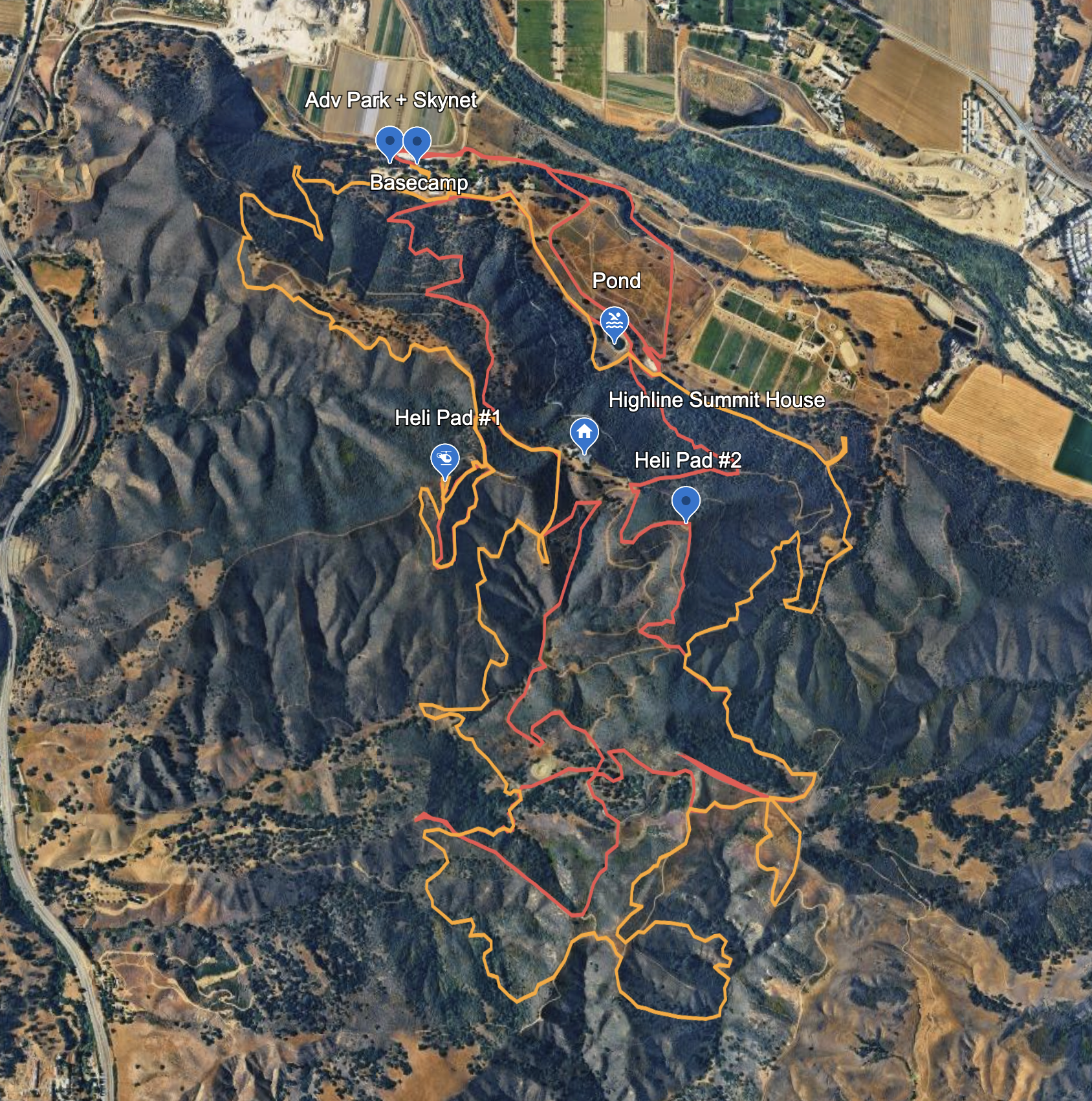 Satellite map of the Highline Adventures ranch above the Santa Ynez Valley showing Basecamp, the Summit House and the 4x4 Bronco trail network