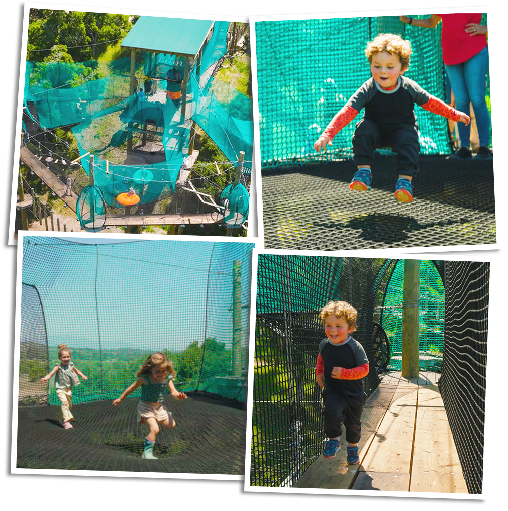 Skynet 10 Punch Pass: a collage of kids playing in the net tunnels and pods of the Skynet Playground