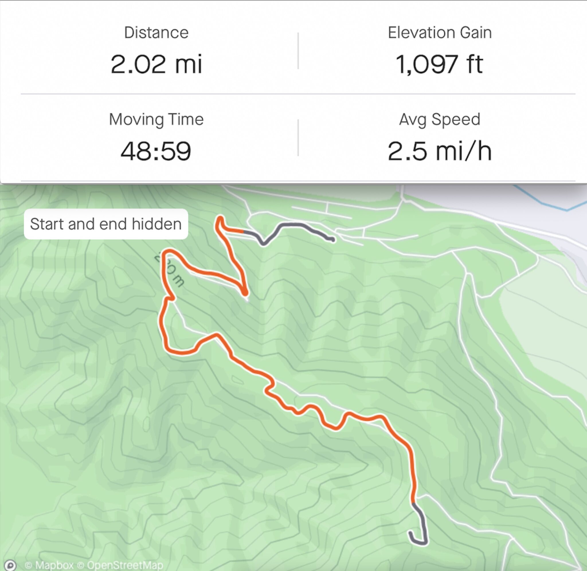 Hike & Fly route map: 2.02 miles and 1,097 feet of elevation gain from Basecamp to the top of the zipline course