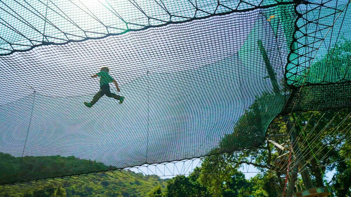 Looking up through the suspended net of Skynet Playground at Highline Adventures, with a guest walking across it overhead.