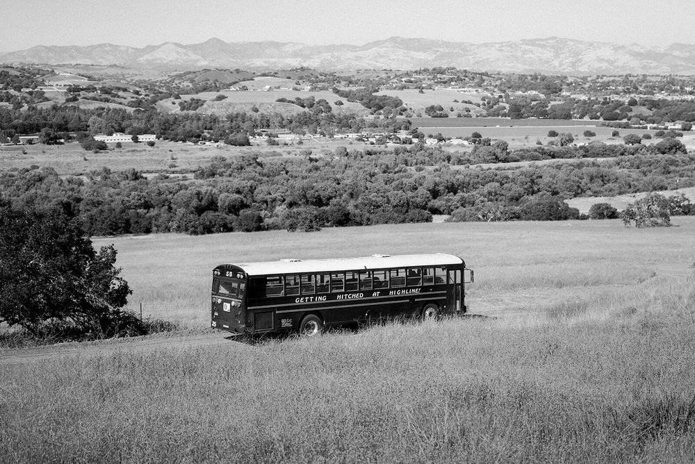 The Highline shuttle bus parked in the meadow below the ranch.